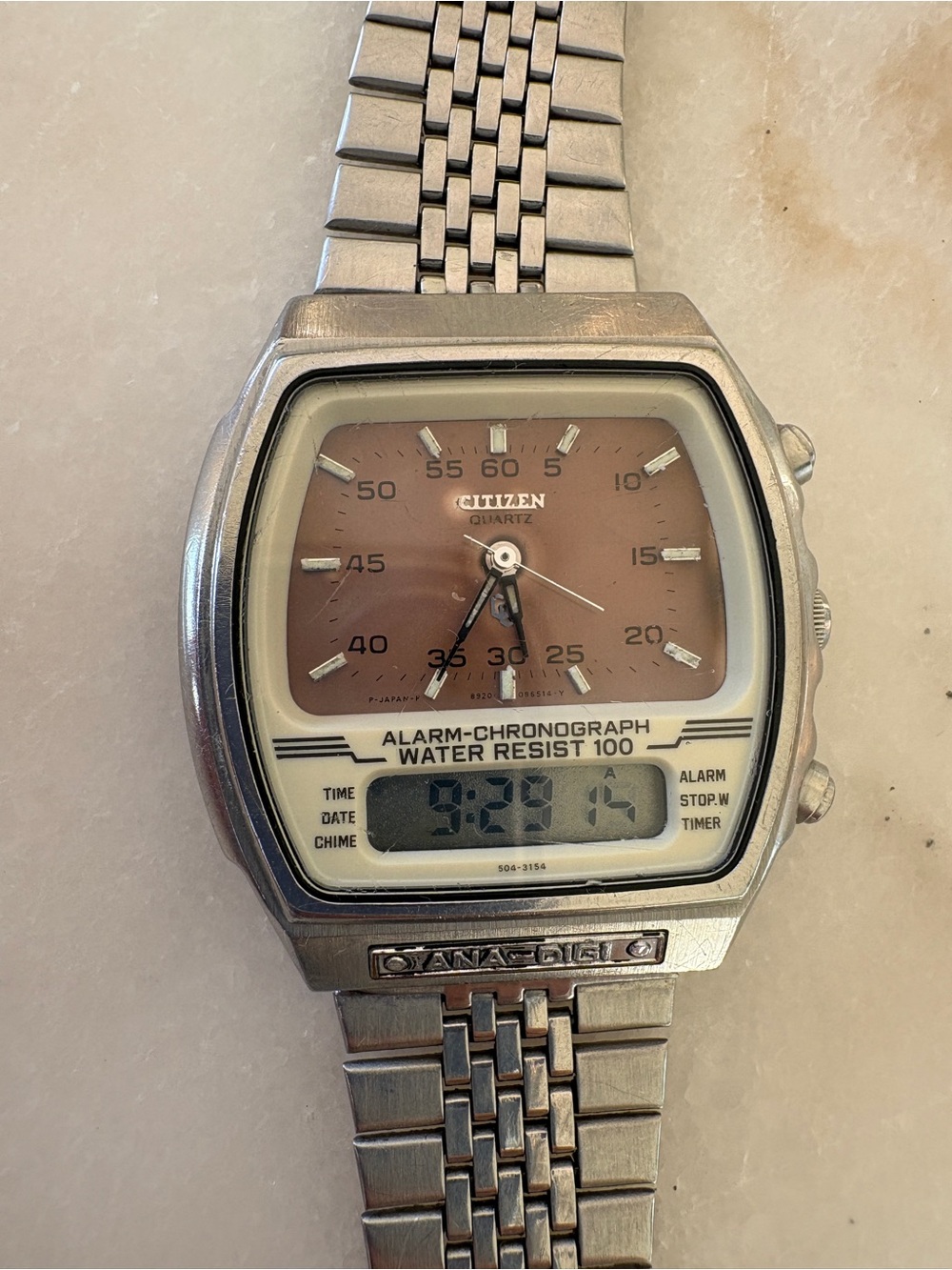 Citizen Ani-Digi Vintage Salmon Dial Alarm-Chronograph Quartz Watch